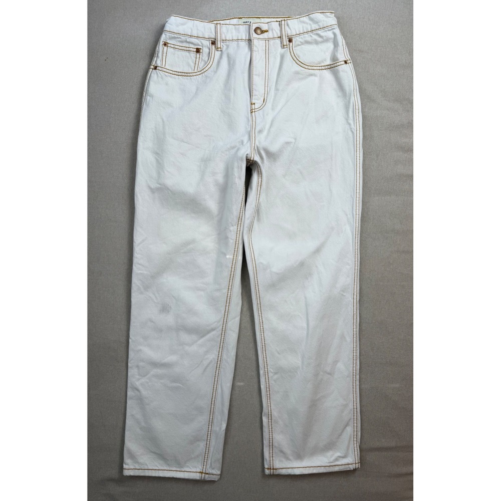 Tory Burch Size 31 White Straight Leg Jeans Contrast Camel Stitching High Rise
